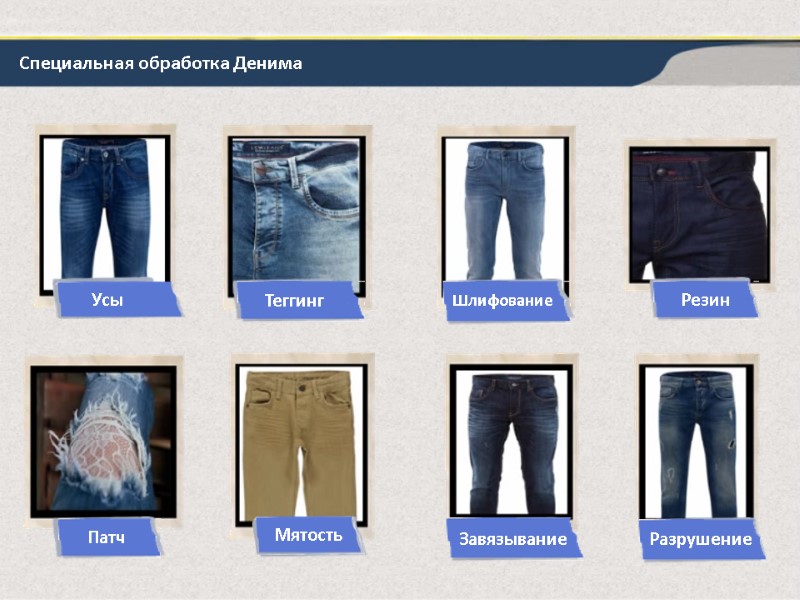 Специальная обработка Денима Усы Теггинг Шлифование Резин Патч Мятость Завязывание Разрушение